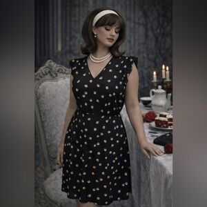 TU Black Ditsy Floral Fit & Flare Dress – Boho Chic Soft Grunge Coquette Size 12